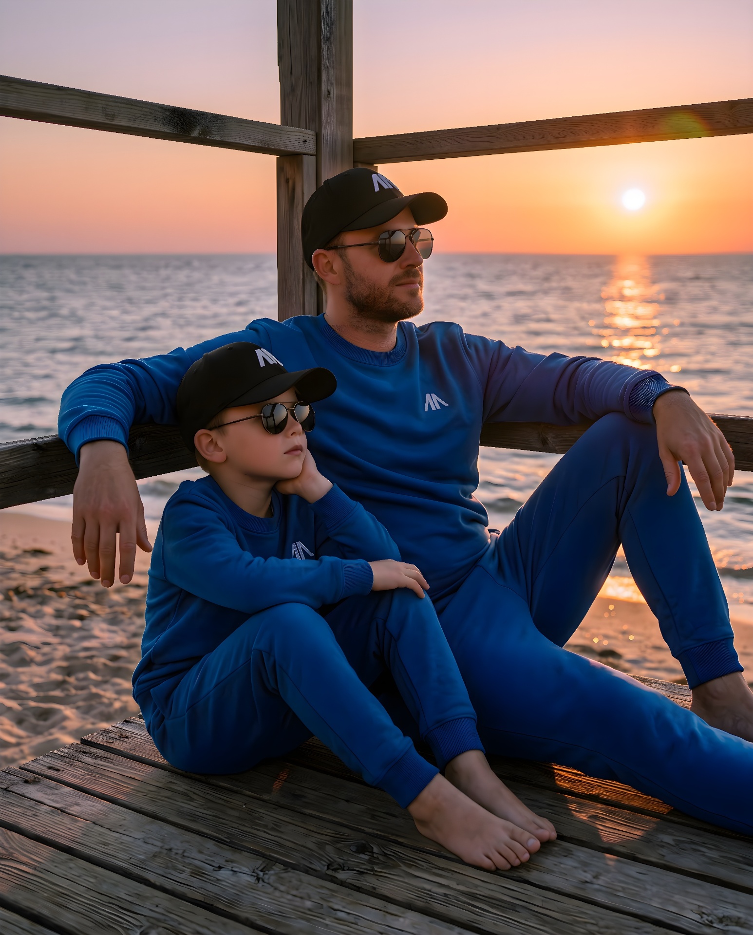 Vader en zoon in blauwe Affinia tracksuit bij zonsondergang