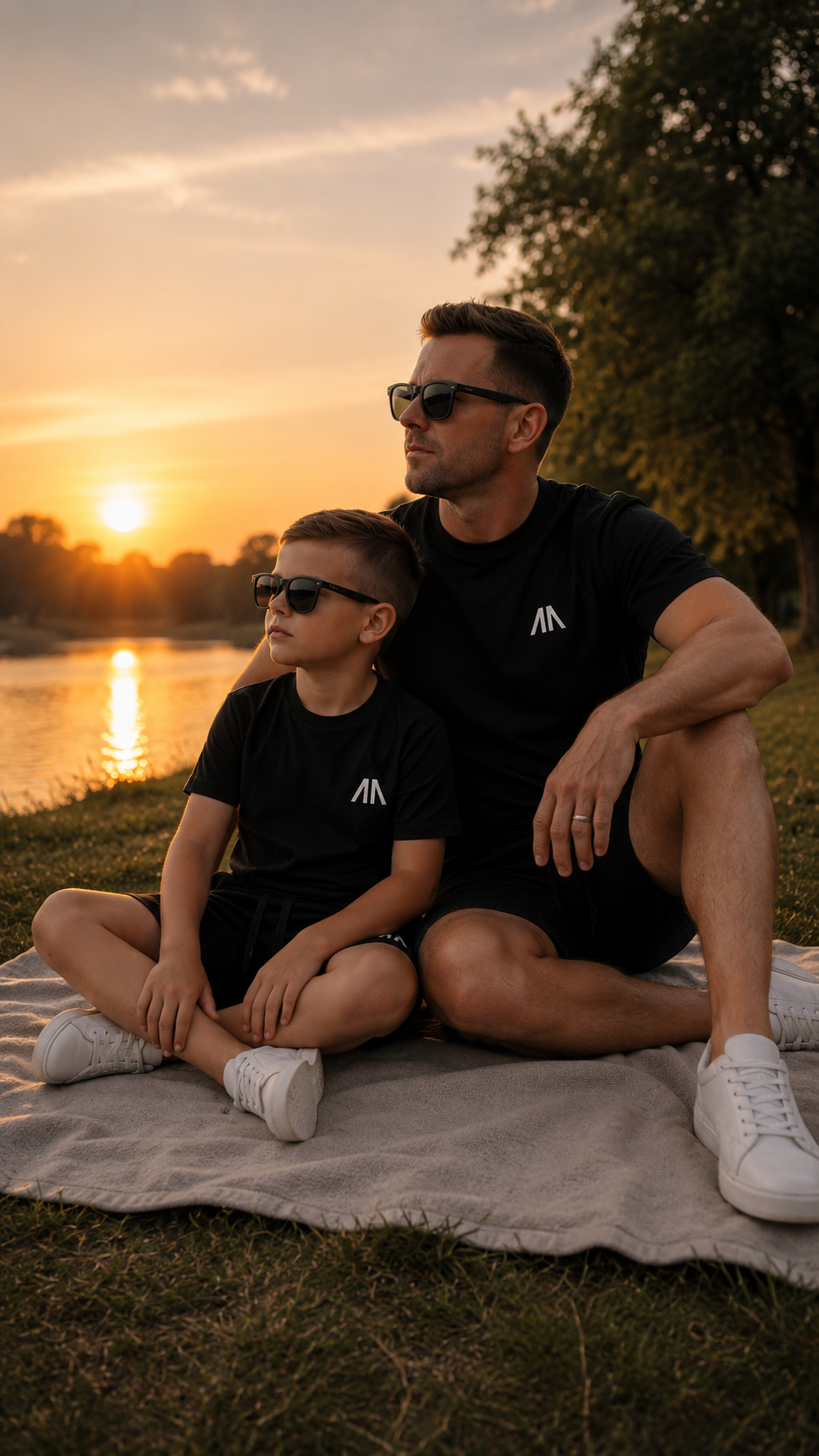 Vader en zoon in matchende zwarte sets bij zonsondergang aan het water